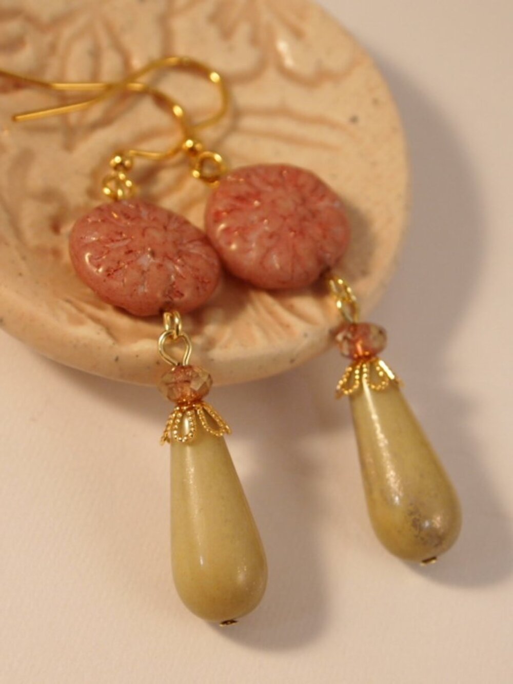 Boho Chic Czech Glass Earrings Pinkish Drop Pierced or Clip-on Earrings Bohemian